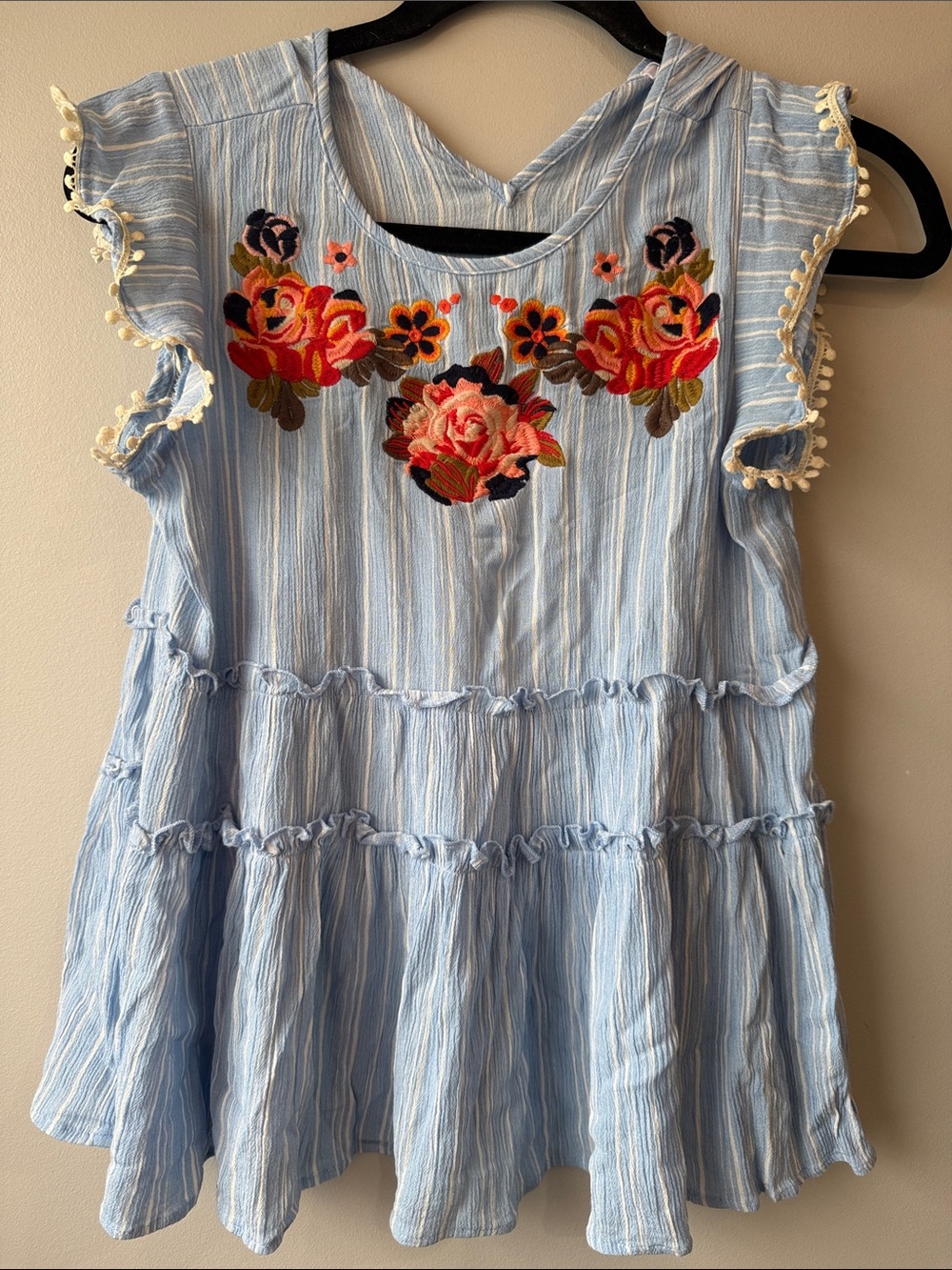 THML Light Blue Striped Tiered top with Floral Embroidery crochet flutter sleeve
